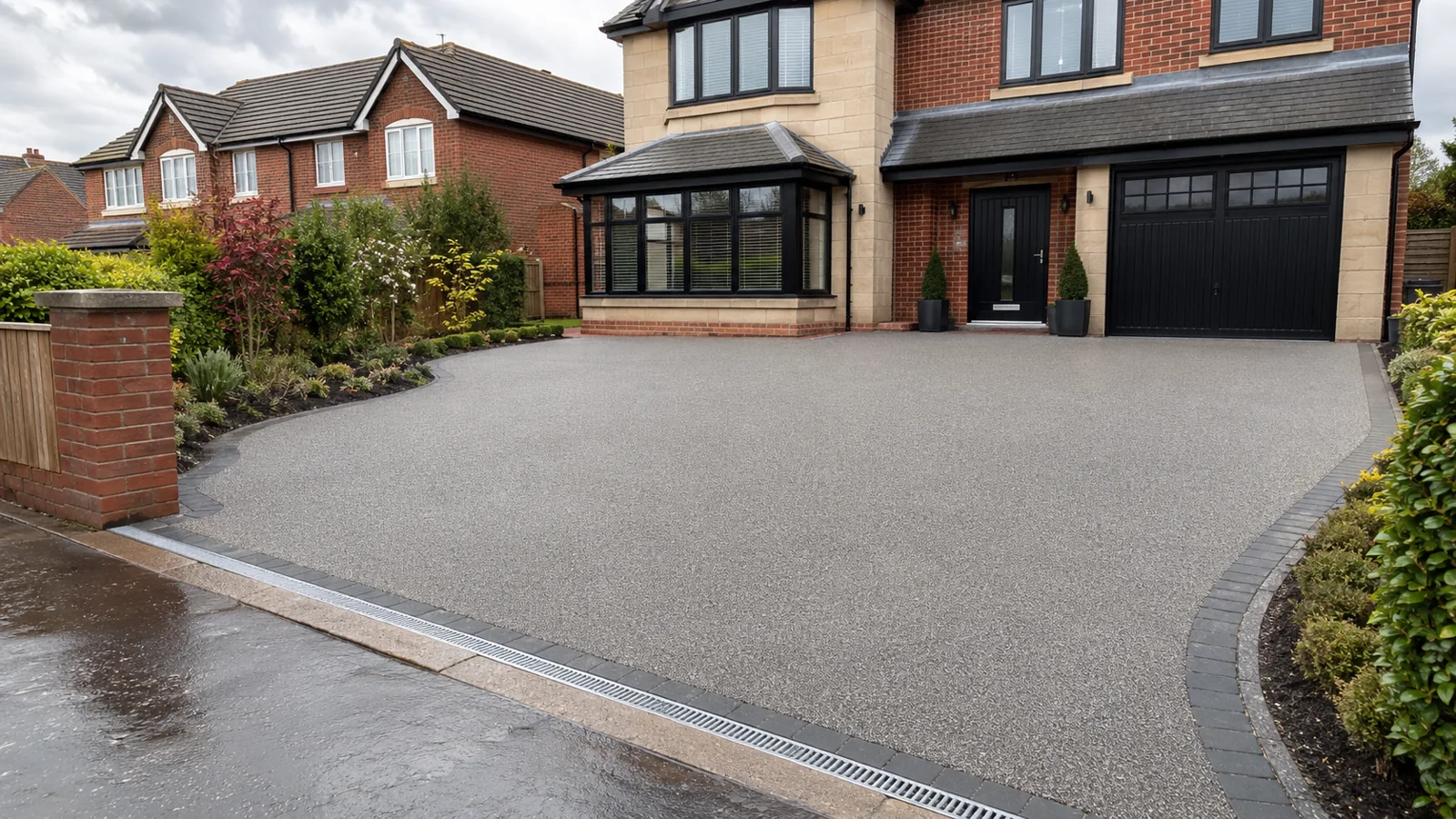 Resin bound driveway outside a detached Newcastle home with dark edging and clean drainage channels