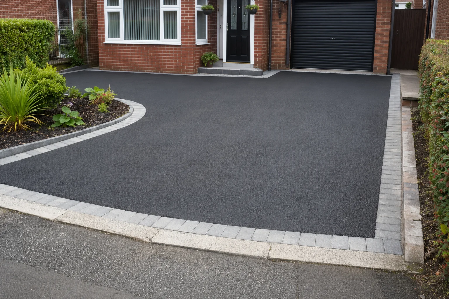 Freshly laid black tarmac driveway with pale block edging outside a Newcastle home